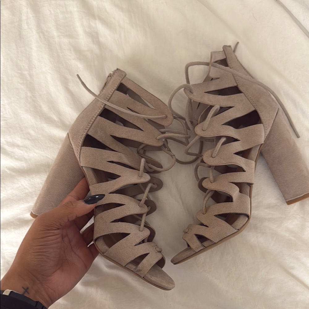 Elegant Beige Lace-Up Heels